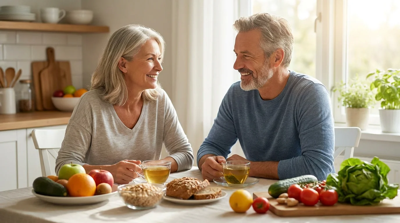 Man and woman in their 50s looking healthy and energized at a kitchen table with healthy food in soft natural morning light, representing the restored blood sugar balance and daily energy that becomes possible when GLUT4 receptor function is supported naturally. Editorial lifestyle photography for a Gluco6 2026 review showing what consistent blood sugar support can mean for American adults over 40 living with insulin resistance, prediabetes, or type 2 diabetes seeking natural solutions.