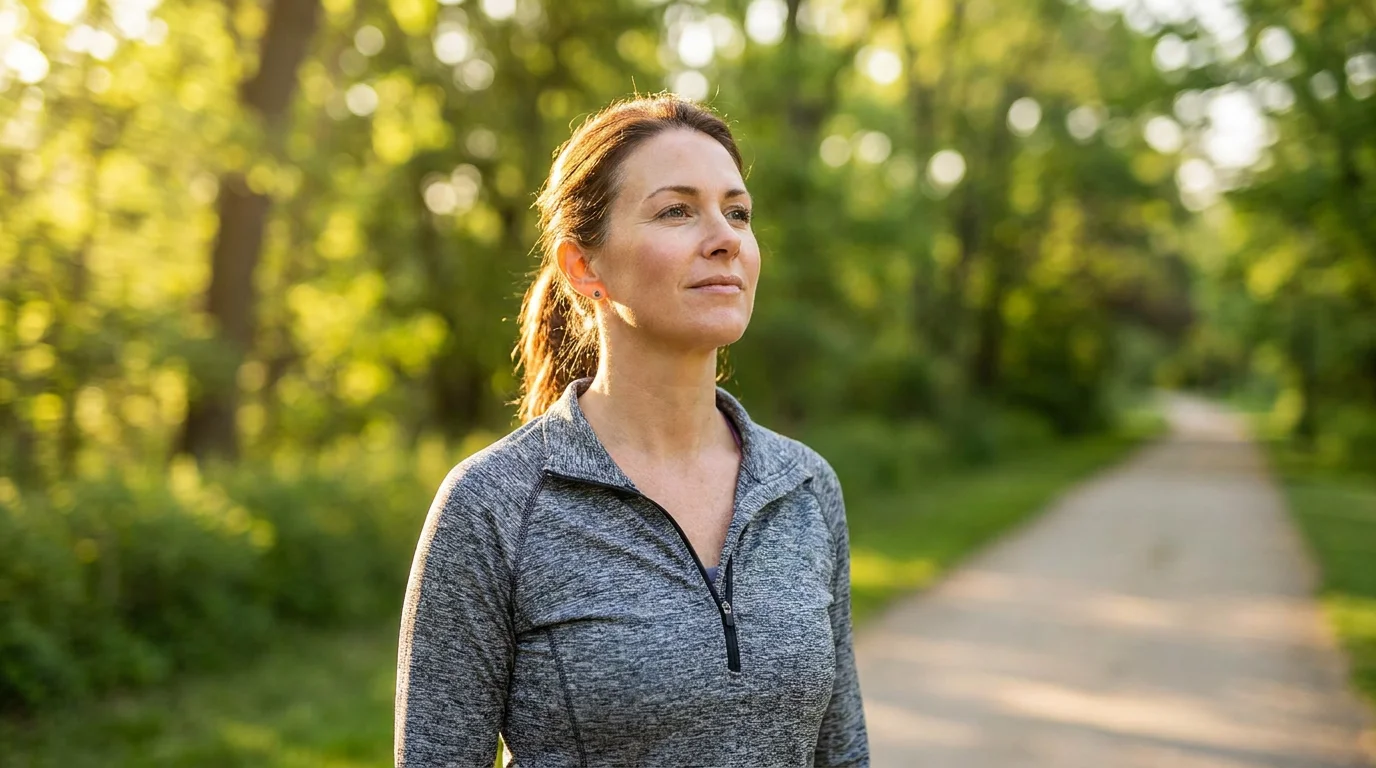 Woman in her 40s looking energized and healthy outdoors in soft natural morning light, representing the restored metabolic function and blood sugar balance that becomes possible when GLUT4 receptors are relieved from overwhelm. Editorial lifestyle photography for a health article about how addressing GLUT4 receptor failure naturally can help American adults over 40 restore healthy glucose metabolism, reduce stubborn fatigue, and support sustainable weight and energy management.