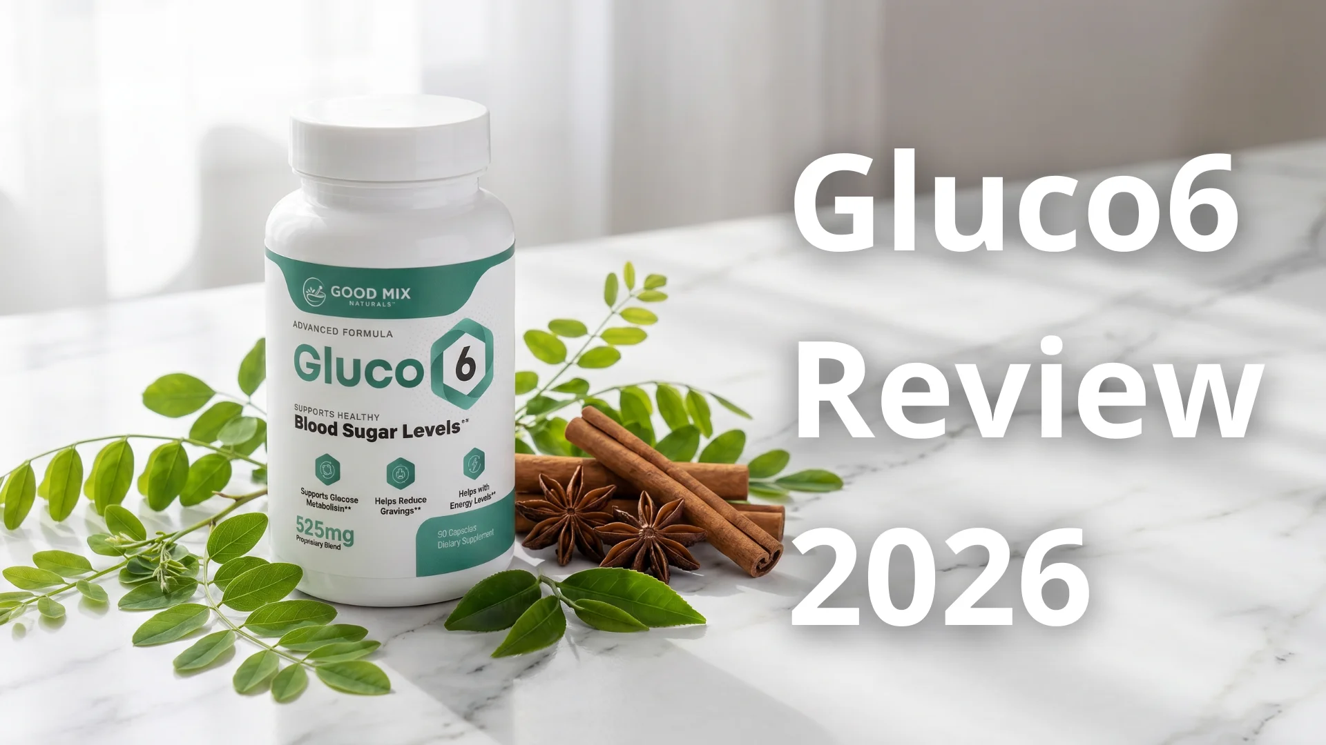 Blog cover image for a health review article about Gluco6 2026. Gluco6 supplement bottle on a white marble surface with natural ingredients including acacia branches and cinnamon sticks in soft natural light, clean editorial photography style. Text overlay on the right side reads: Gluco6 Review 2026. Created for American adults researching Gluco6 reviews, whether Gluco6 works for blood sugar and insulin resistance, and the ingredients and science behind this natural glucose support supplement.