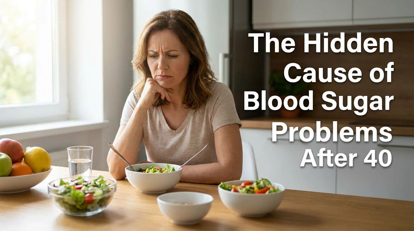 Blog cover image for a health article about the hidden cause of blood sugar problems after 40. Person in their 40s looking frustrated at a kitchen table with healthy food around them in soft natural indoor light, editorial photography style. Text overlay on the right side reads: The Hidden Cause of Blood Sugar Problems After 40. Created for American adults researching GLUT4 overwhelm, insulin resistance, natural blood sugar support, and why diet alone fails to control glucose after 40.
